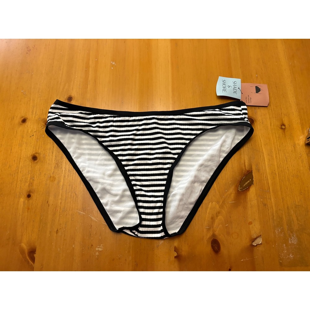 Shade & Shore Womens Black White Striped Ribbed Bikini Bottom Low Rise XL 16 NWT